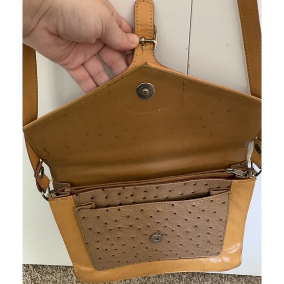 Vintage Taupe Ostrich Leather Handbag Purse with Honey Leather Strap & Trim - Picture 7 of 12